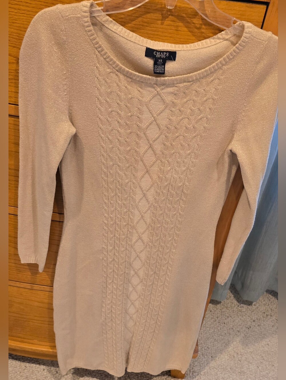 Chaps Cream Cable-Knit Sweater Dress, XS, Ivory w/Gold Hints